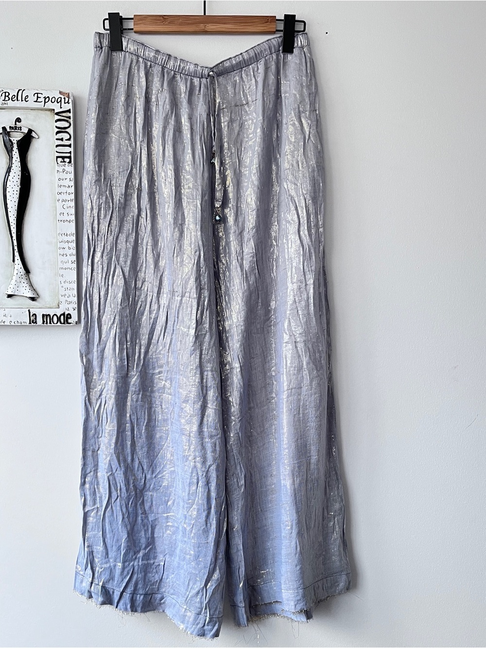 Ashro Blue Gold Metallic Shimmery Boho Drawstring Waist Wide Leg Pants Size S